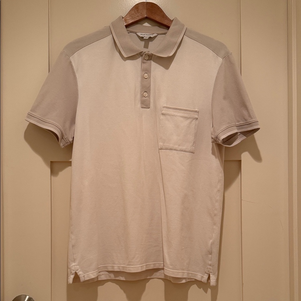 Club Monaco Polo Shirt Mens Medium Cream Beige Contrast Collar Stretch - Picture 8 of 9